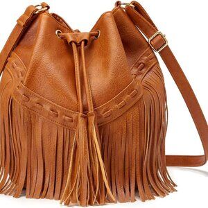 Leather Bucket Bags for Women Crossbody Fringe Purses with Drawstring Ladies Tas